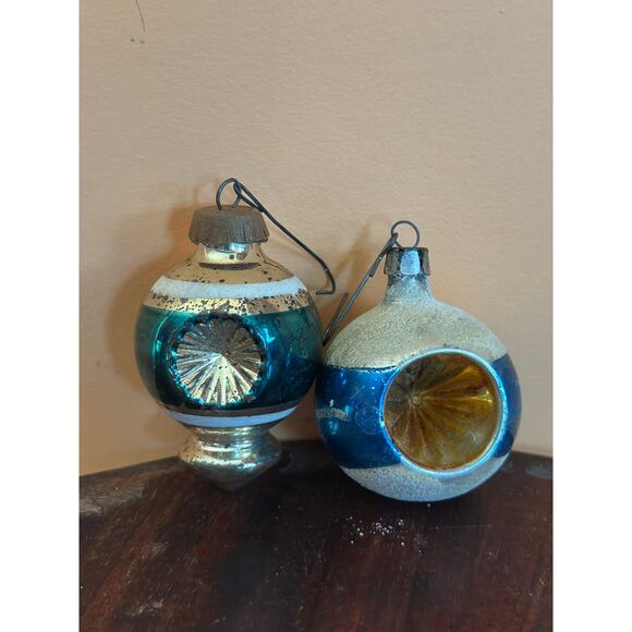 Vintage Mercury Glass Concave Christmas Ornaments in Blue Set of 2 - Picture 1 of 12